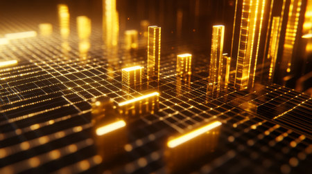 This stunning golden abstract background features a dynamic data visualization with glowing bars and lines, perfect for finance and technology themes.の素材