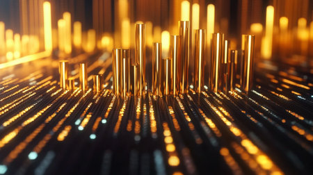 A captivating display of golden bars emerging from a dark background, illuminated by vibrant light effects, creating an abstract and modern visual experience.の素材