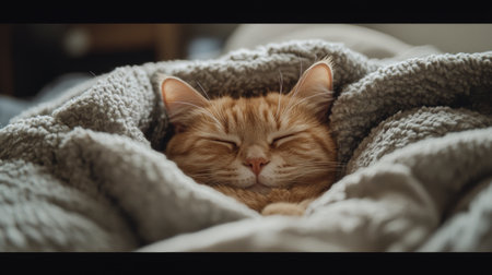 A cozy orange cat sleeps peacefully wrapped in a soft blanket, exuding warmth and comfort. This serene scene captures the joy of pet companionship and relaxation.の素材