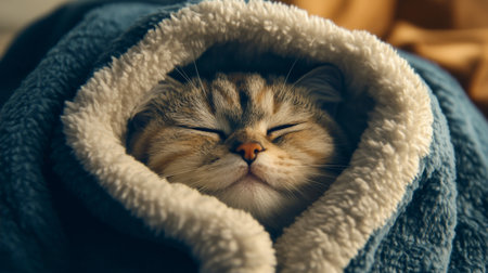 A cozy cat wrapped in a soft blanket exudes tranquility and warmth, perfectly capturing the peacefulness of a lazy day indoors with a beloved pet.の素材