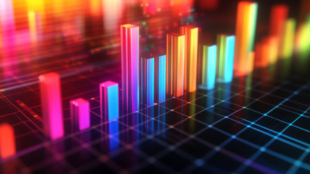 Colorful bar graphs display dynamic data trends in a vibrant digital environment, ideal for visualizing business metrics and performance analysis.の素材