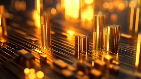 An abstract representation of golden data visualizations, featuring glowing bars and lines. Perfect for concepts related to finance, analysis, and technology.の素材