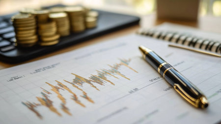 A workspace setting featuring a financial report with a graph, a pen, and stacks of coins, perfect for illustrating financial analysis and investment strategies.の素材
