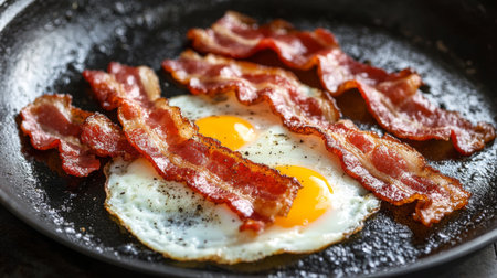 A close-up view of crispy bacon strips paired with perfectly fried eggs in a skillet. Ideal for breakfast or brunch, this dish showcases rich flavors and tempting textures.の素材
