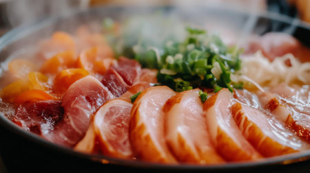 A vibrant assortment of fresh meats garnished with green onions, steam rising from a hot pot dish, perfect for sharing and enjoying with friends or family.の素材
