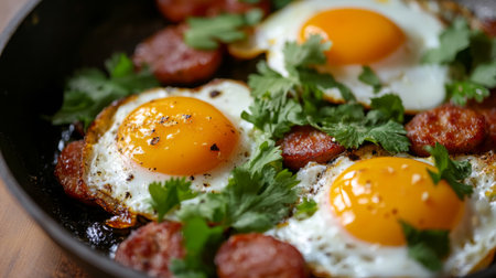 Savor the vibrant colors of fried eggs paired with sausage and fresh herbs. Perfect for breakfast or brunch, this dish is both delicious and fulfilling.の素材