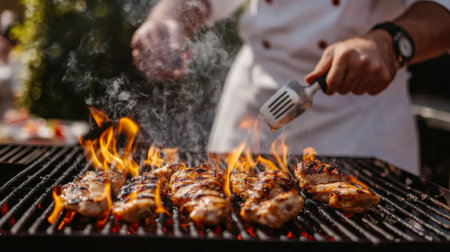 A chef skillfully grills chicken over an open flame, showcasing the art of barbecue cooking. The smoke and flames create a tantalizing atmosphere perfect for outdoor gatherings.の素材