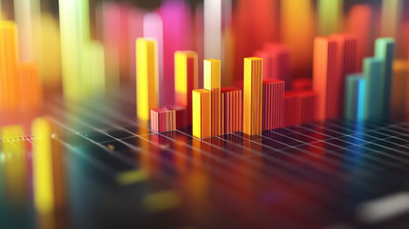 A vibrant and colorful bar chart representing data metrics, ideal for illustrating trends in business analysis, finance reports, or marketing insights.の素材