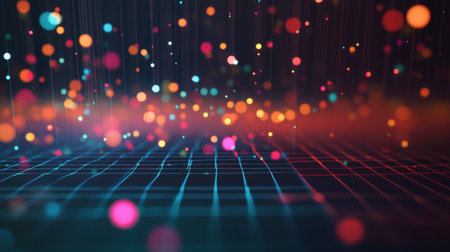 A captivating display of colorful lights floating above a grid background, creating a vibrant and dynamic atmosphere ideal for digital art and design projects.の素材