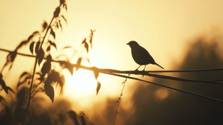 A beautiful silhouette of a bird perched on a wire at sunrise, capturing the essence of nature and tranquility in a peaceful outdoor setting.の素材