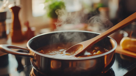 A steaming pot of fresh ingredients simmers on a stove, creating a warm and inviting atmosphere. Perfect for capturing the essence of homemade cooking.の素材