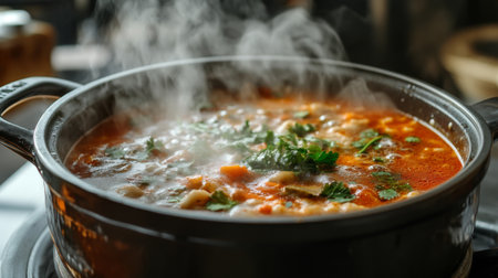 A vibrant pot of steaming soup filled with fresh ingredients and herbs. Perfect for conveying warmth, comfort, and delicious homemade meals in culinary visuals.の素材