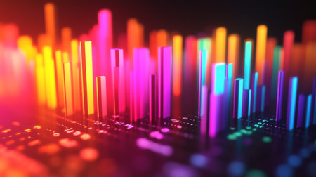 Colorful abstract visuals of sound waves, creating a dynamic and vibrant atmosphere. Ideal for projects related to music, technology, and creativity.の素材
