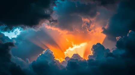 A stunning display of light beams emerging from dark clouds at sunrise, showcasing vibrant orange and blue hues. Perfect for nature lovers and atmospheric themes.の素材