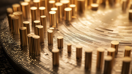 Close-up view of abstract gold cylinder structures creating a modern artistic design on a dark background, showcasing elegance and creativity in texture.の素材