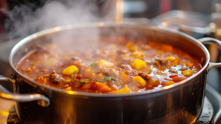 A steaming pot of vibrant vegetable soup filled with fresh ingredients. This image captures the warmth and comfort of home-cooked meals, perfect for any kitchen setting.の素材