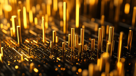 Stunning abstract digital artwork featuring golden vertical elements on a dark backdrop, creating a sense of depth and modern elegance.の素材