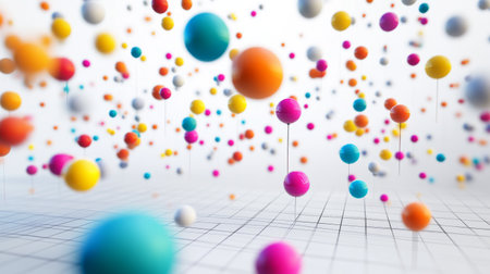 Vibrant spheres of various colors float in a surreal abstract scene. This image captures a dynamic and cheerful aesthetic, perfect for creative projects.の素材