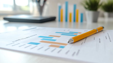 A close-up view of colorful bar charts on a work desk, accompanied by a pen and a notepad. This image represents business analysis and statistical reporting.の素材