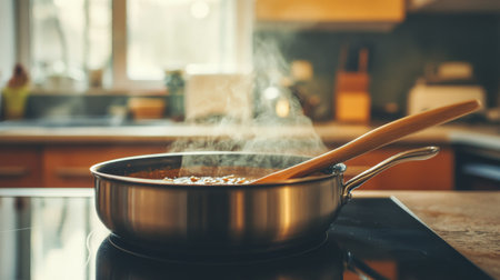 A steaming saucepan sits on a stovetop in a modern kitchen, showcasing the essence of home cooking. The warm atmosphere and cozy design invite culinary creativity.の素材