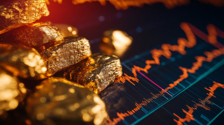 Close-up of gold bars against a backdrop of stock market data, highlighting the connection between precious metals and financial investment opportunities.の素材