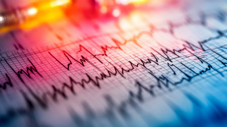 Close-up of a cardiogram with a syringe in a clinical setting. The image captures essential health monitoring elements, emphasizing the medical field.の素材