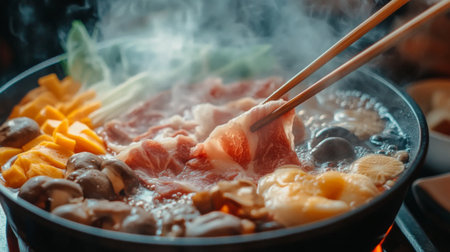 A delicious hot pot dish featuring fresh ingredients, steam rising, and chopsticks in action. Perfect for a cozy meal or social gathering.の素材