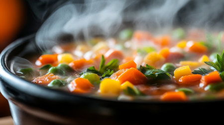 A close-up of a steaming bowl of fresh vegetable soup featuring vibrant colors and rich textures, perfect for a warm, comforting meal.の素材