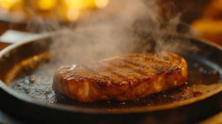 A juicy grilled steak on a hot plate, releasing steam and showcasing grill marks. Perfect for showcasing culinary delights and gourmet meals.の素材