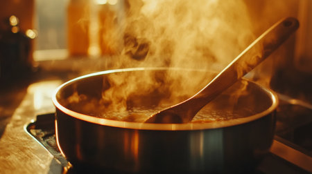 A close-up of a pan steaming on a kitchen stove, showcasing the cooking process. The wooden spoon stirs the boiling liquid, creating an inviting atmosphere.の素材