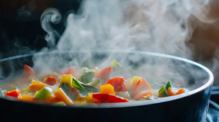 This image captures a pot of colorful vegetables cooking with steam rising, creating an inviting atmosphere perfect for healthy meal preparation in the kitchen.の素材