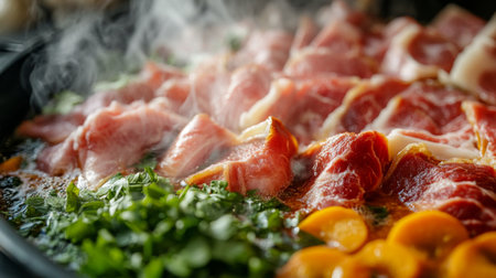 A vibrant hot pot scene with fresh meat and herbs simmering in a flavorful broth. The steam rising adds warmth to this inviting culinary experience.の素材