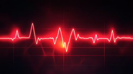 A striking red heartbeat line on a black background represents vital signs in medical and health contexts. Ideal for health-related projects.の素材