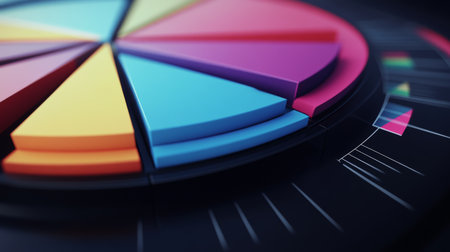 A vibrant 3D pie chart showcasing data analysis, perfect for business presentations and reports. Features colorful segments and modern design elements.の素材