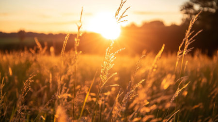 A breathtaking view of a golden sunrise illuminating a serene grass field, capturing the beauty of nature and tranquility in the early morning light.の素材