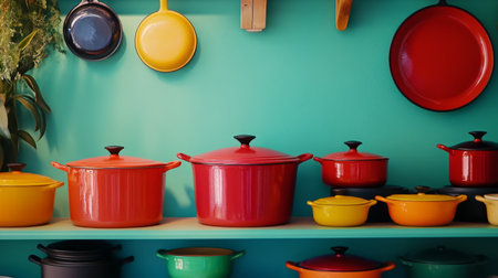 A vibrant display of colorful cookware against a bold background. This image showcases various pots and pans arranged aesthetically on a shelf, perfect for kitchen decor inspiration.の素材