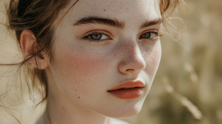 A stunning close-up portrait of a young woman with freckles, showcasing her natural beauty and serene expression in soft sunlight. A perfect artistic shot.の素材