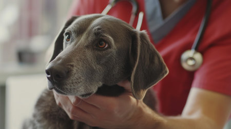 A loving dog receives attentive care from a veterinarian in a clinic setting. The scene captures the bond between pets and their caregivers, showcasing compassion and dedication to animal health.の素材