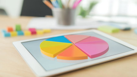 A vibrant pie chart displayed on a tablet, surrounded by office supplies, representing analysis and planning in a modern workspace, ideal for business and educational themes.の素材