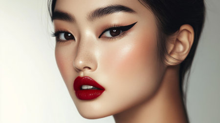 Captivating beauty portrait featuring bold makeup, highlighting striking eyeliner and vibrant lipstick. Perfect for showcasing glamour and confidence.の素材