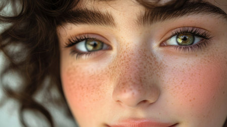 A captivating close-up portrait of a young girl showcasing her unique freckles and striking green eyes. The image reflects beauty and innocence.の素材