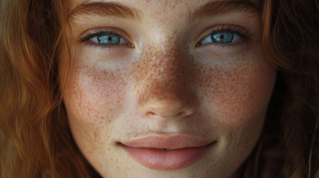 A close-up portrait of a young woman with striking blue eyes and freckles. Her warm, gentle expression conveys beauty and confidence in a natural setting.の素材