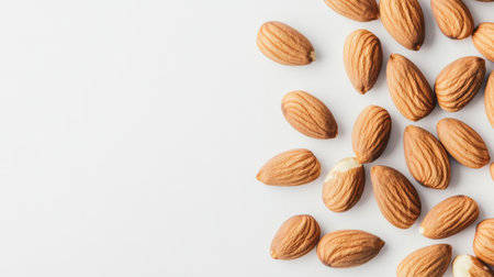 A beautiful arrangement of fresh almonds on a clean white background. Ideal for promoting healthy snacks, natural ingredients, or nutritious food options in your projects.の素材