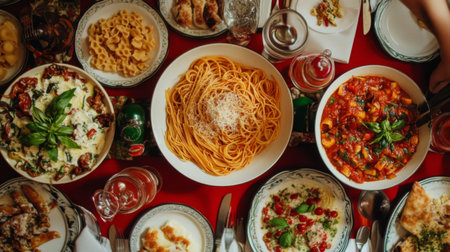 A vibrant Italian feast featuring a variety of delicious dishes including pasta, sauces, and fresh ingredients, perfect for gatherings and celebrations.の素材