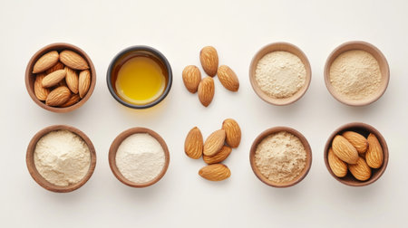 A rustic arrangement of almond ingredients including whole almonds, almond oil, and various almond flours. Perfect for healthy cooking and baking.の素材