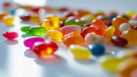 A vibrant assortment of colorful candies scattered on a reflective surface, creating a playful and cheerful atmosphere perfect for sweets lovers and joyful celebrations.の素材