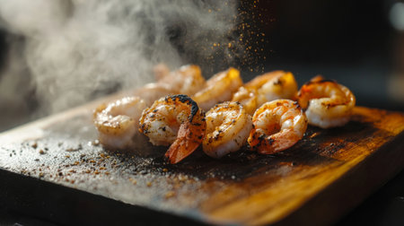 Savor the sight of succulent grilled shrimp garnished with spices, served on a wooden platter. Ideal for culinary themes and food enthusiasts.の素材