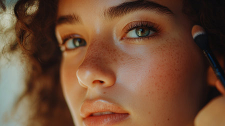 A close-up image of a woman applying makeup, showcasing her natural glow and beautiful freckles. Captures beauty, confidence, and the art of makeup application.の素材