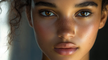 A stunning close-up portrait of a young woman highlighting her beautiful features, warm expression, and captivating eyes set against a soft background.の素材
