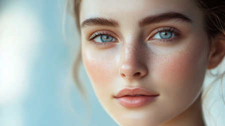 Captivating portrait of a young woman with striking blue eyes and flawless skin. The image embodies natural beauty, serenity, and elegance, creating a fresh and inviting atmosphere.の素材